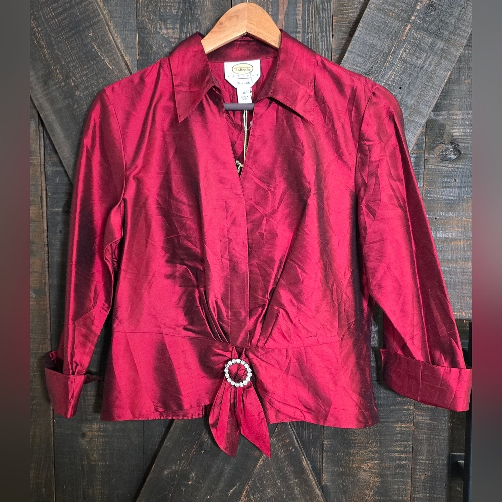 NWT Talbots Red 100% Silk With Rhinestone Buckle Blouse Petite Medium